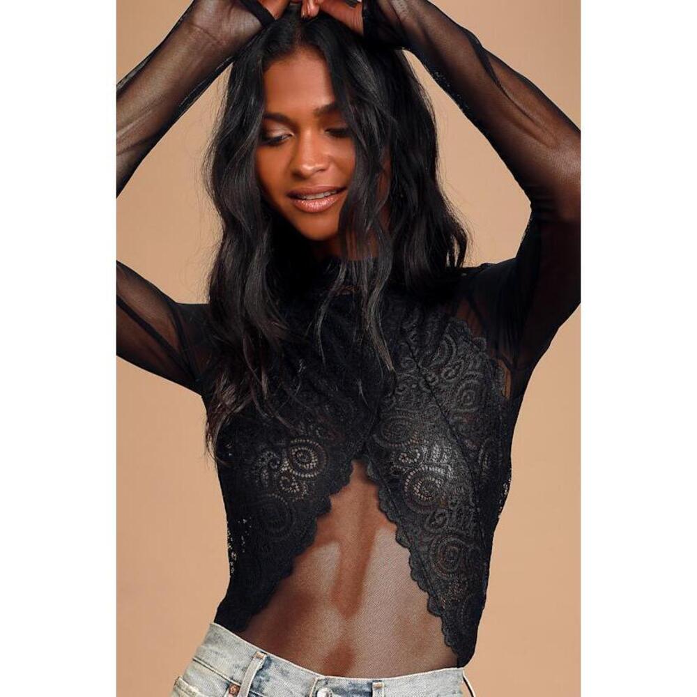 Lulus Show Stopping Black Sheer Lace Long Sleeve Bodysuit - Size S